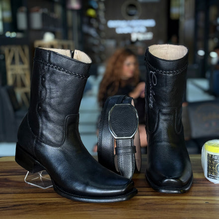 Botín Golden Venado Negro Lleva Botin & Cinto Más 4 Accesorios ( Crema Cubre Polvo Cartera & Saca botas )