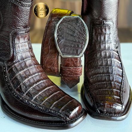 Botín Golden Cocodrilo Panza Café Con Cinto