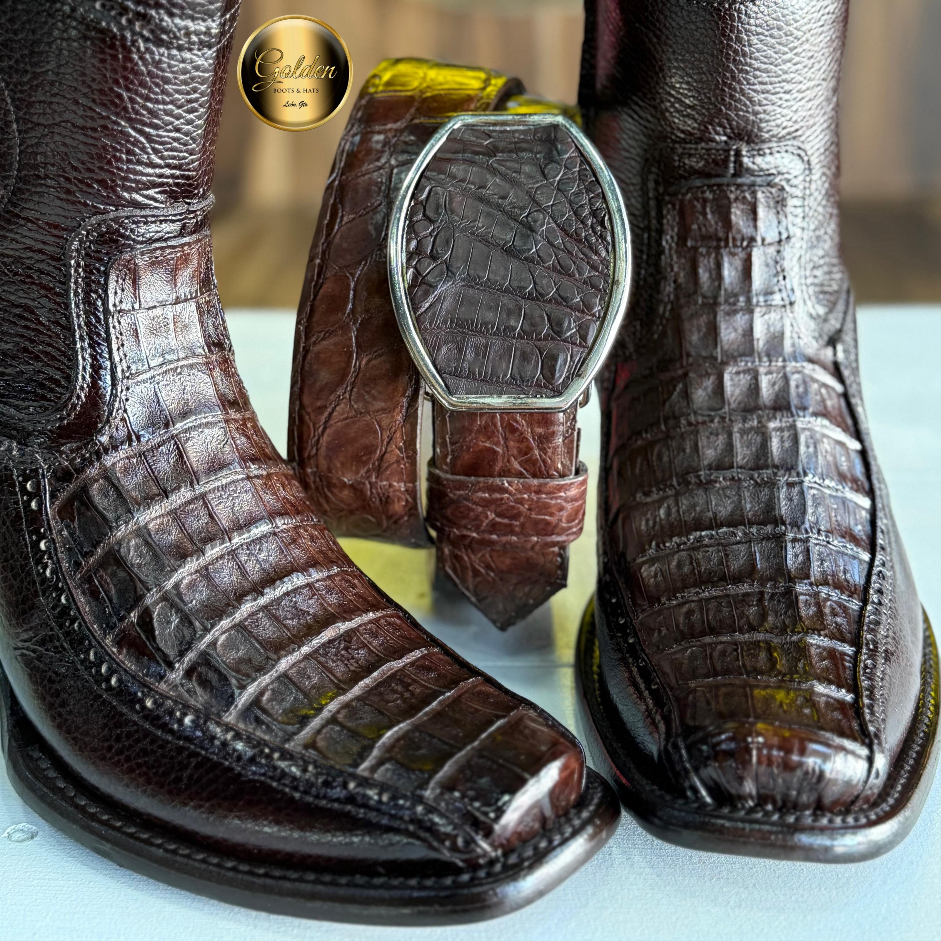 Botín Golden Cocodrilo Panza Café Con Cinto