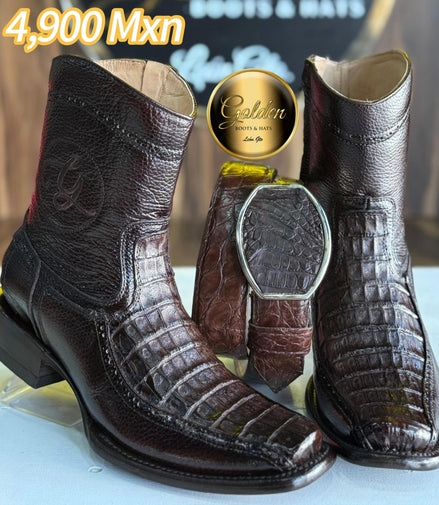 Botín Golden Cocodrilo Panza Café Con Cinto