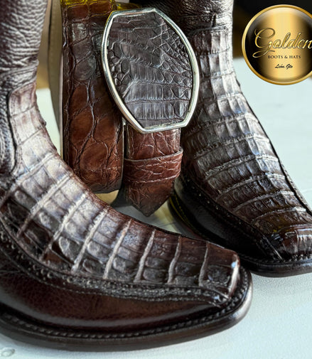Botín Golden Cocodrilo Panza Café Con Cinto