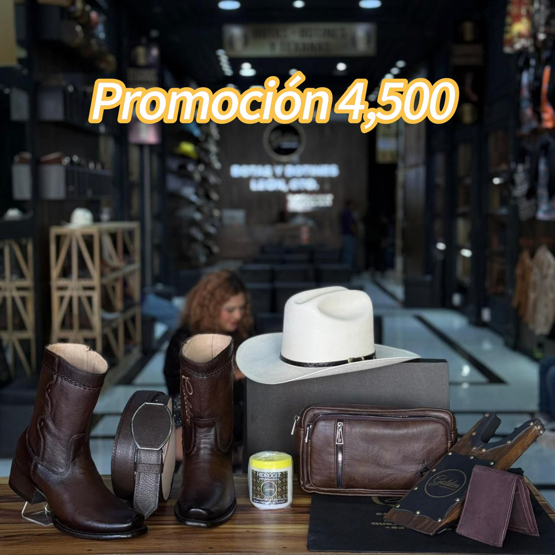 Promoción Combo Con Sombrero 4,500 Botín & Cinto Más Varios Accesorios Crema Cubre Polvo Cartera Pechera Saca Botas