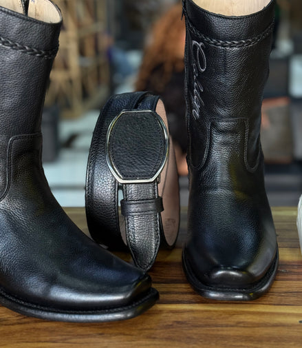 Botín Golden Venado Negro Lleva Botin & Cinto Más 4 Accesorios ( Crema Cubre Polvo Cartera & Saca botas )