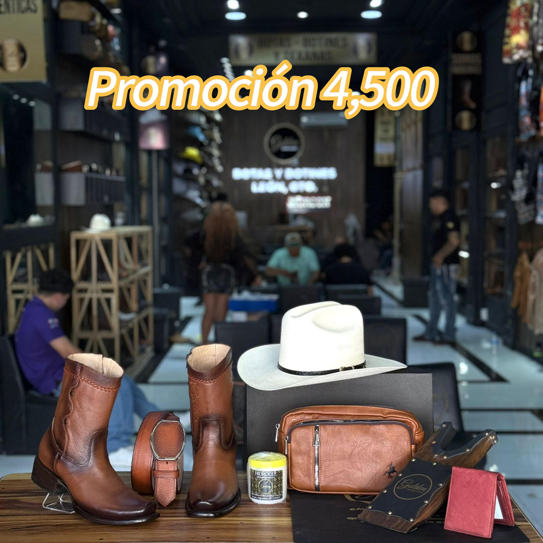 Promoción Combo Con Sombrero 4,500 Botín & Cinto Más Varios Accesorios Crema Cubre Polvo Cartera Pechera Saca Botas