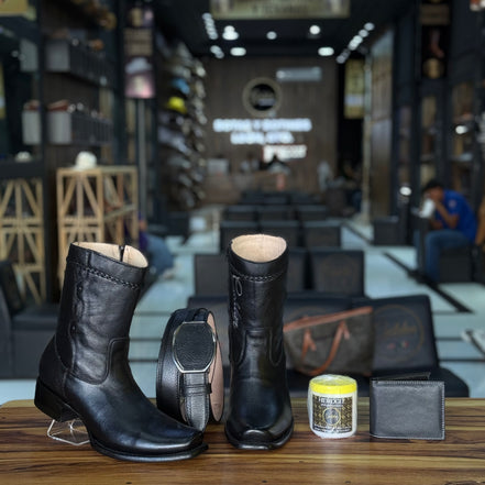 Botín Golden Venado Negro Lleva Botin & Cinto Más 4 Accesorios ( Crema Cubre Polvo Cartera & Saca botas )