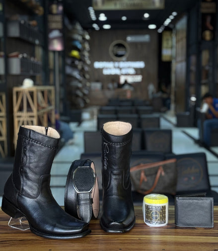 Botín Golden Venado Negro Lleva Botin & Cinto Más 4 Accesorios ( Crema Cubre Polvo Cartera & Saca botas )