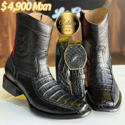 Botín Golden Orión Cocodrilo Negro Con Cinto
