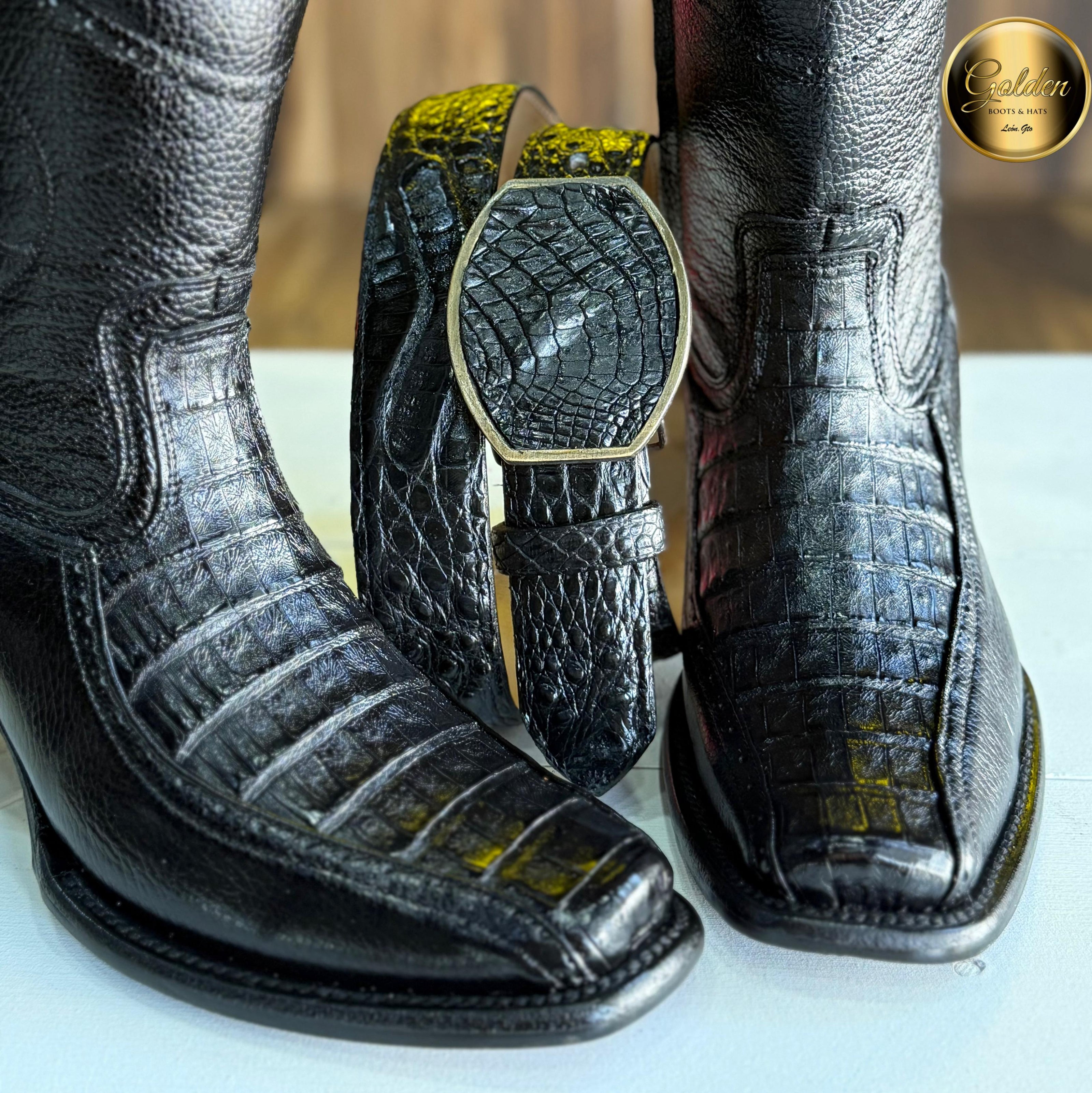 Botín Golden Orión Cocodrilo Negro Con Cinto