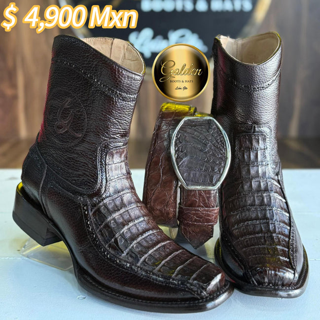 Botín Golden Cocodrilo Panza Café Con Cinto