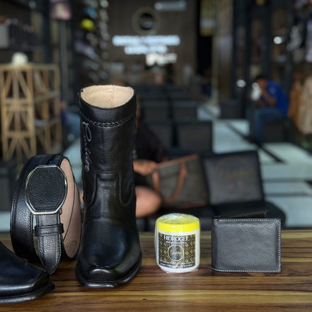 Botín Golden Venado Negro Lleva Botin & Cinto Más 4 Accesorios ( Crema Cubre Polvo Cartera & Saca botas )